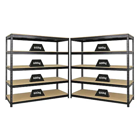 Mega Deal | 2x Profi Schwerlastregal BISON | HxBxT 200x200x60cm | 5 Fachböden | Fachlast 600kg | Schwarz