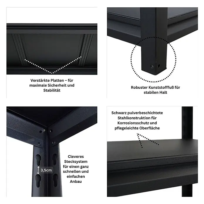 Schwerlastregal Thorin | HxBxT 180x90x40cm | 5 Stahlplatten-Ebenen | Fachlast 350 kg | Schwarz -  - Schwarzes pulverbeschichtetes Stahlregal mit verstärkten Böden, cleverem Stecksystem und robusten Kunststofffüßen für Stabilität und Korrosionsschutz.
