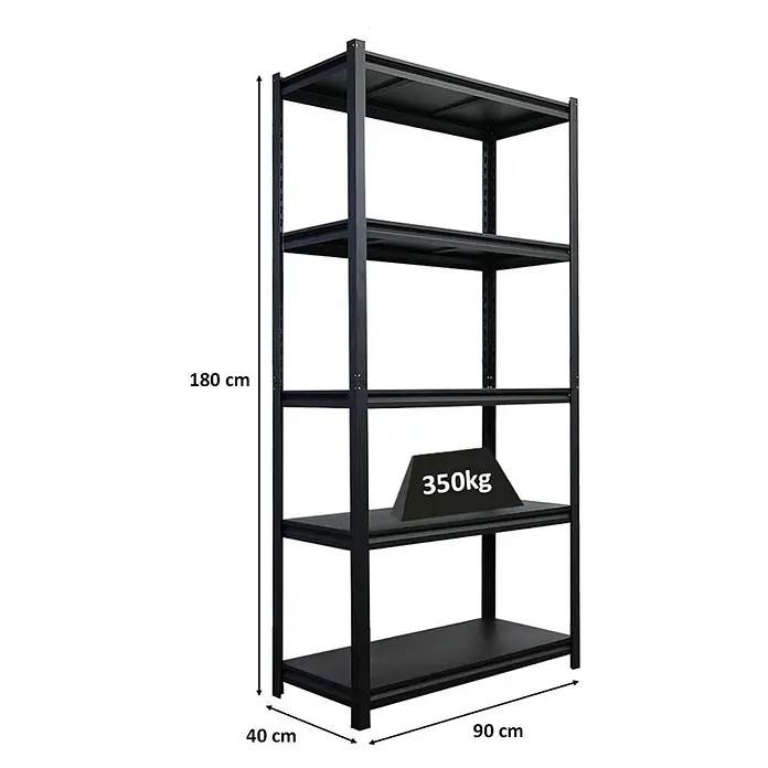 Schwerlastregal Thorin | HxBxT 180x90x40cm | 5 Stahlplatten-Ebenen | Fachlast 350 kg | Schwarz -  - Schwarzes Metallregal mit 5 Böden, 180x90x40 cm, 350kg Tragkraft pro Boden.