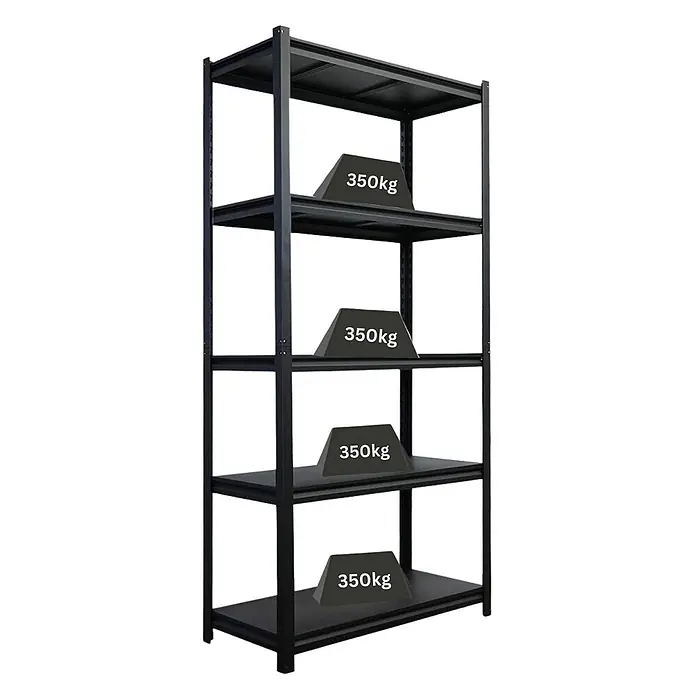 Schwerlastregal Thorin | HxBxT 180x90x40cm | 5 Stahlplatten-Ebenen | Fachlast 350 kg | Schwarz -  - Schwarzes Metallregal mit 5 Regalböden, jeder Boden mit 350kg Traglast.