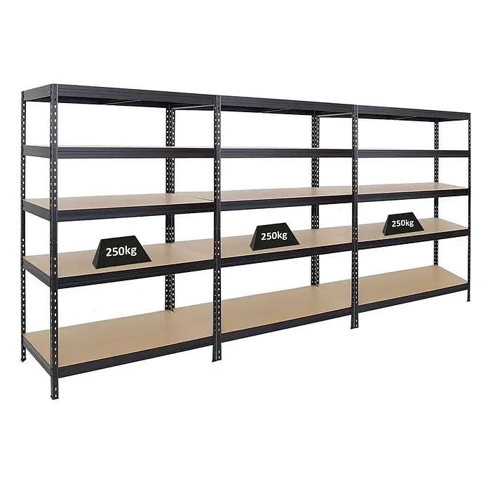 Mega Deal | 3x Schwerlastregal Rivet | HxBxT 180x120x60 cm | Fachlast 250kg | Schwarz -  - Großes schwarzes Metallregal mit mehreren hellbraunen Böden, jeder belastbar bis 250kg.