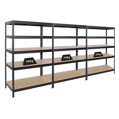 Mega Deal | 3x Schwerlastregal Rivet | HxBxT 180x120x60 cm | Fachlast 250kg | Schwarz