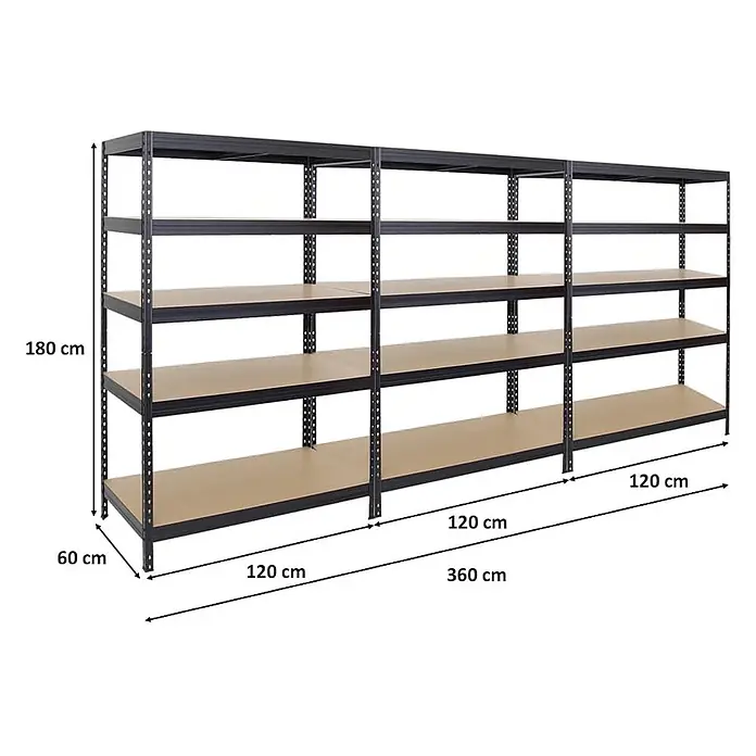 Mega Deal | 3x Schwerlastregal Rivet | HxBxT 180x120x60 cm | Fachlast 250kg | Schwarz -  - Schwarzes Metall-Schwerlastregal mit 5 hellbraunen Holzregalböden. Drei 120cm breite Fächer, gesamt 360x180x60 cm (BxHxT).