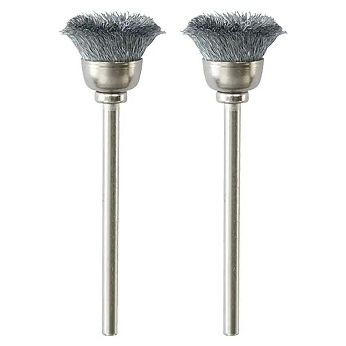 Proxxon Topfbürste No 28953 - Durchmesser Pinsel: 13 mm, Stahl, 2 Stk. - Abbildung von zwei Drahtbürstenaufsätzen für Bohrmaschinen, ideal zum Reinigen und Entrosten von Oberflächen.