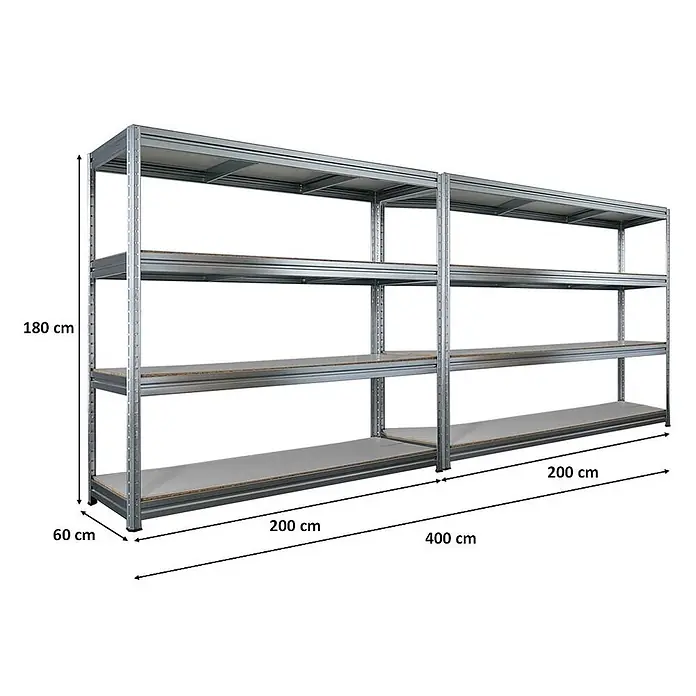Mega Deal | 2x Schwerlastregal DINO | HxBxT 180x200x60cm | 4 Melamin-Ebenen 16mm | Fachlast 500kg | Verzinkt -  - Zwei verzinkte Schwerlastregale mit 4 Spanplattenböden, Gesamtmaße L 400 x H 180 x T 60 cm.