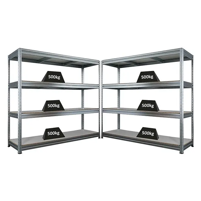 Mega Deal | 2x Schwerlastregal DINO | HxBxT 180x200x60cm | 4 Melamin-Ebenen 16mm | Fachlast 500kg | Verzinkt -  - Zwei Schwerlastregale aus Metall mit je drei Böden, die eine Tragfähigkeit von 500 kg pro Boden zeigen.