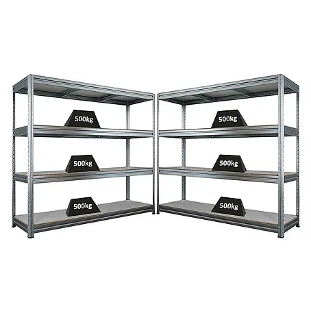 Mega Deal | 2x Schwerlastregal DINO | HxBxT 180x200x60cm | 4 Melamin-Ebenen 16mm | Fachlast 500kg | Verzinkt