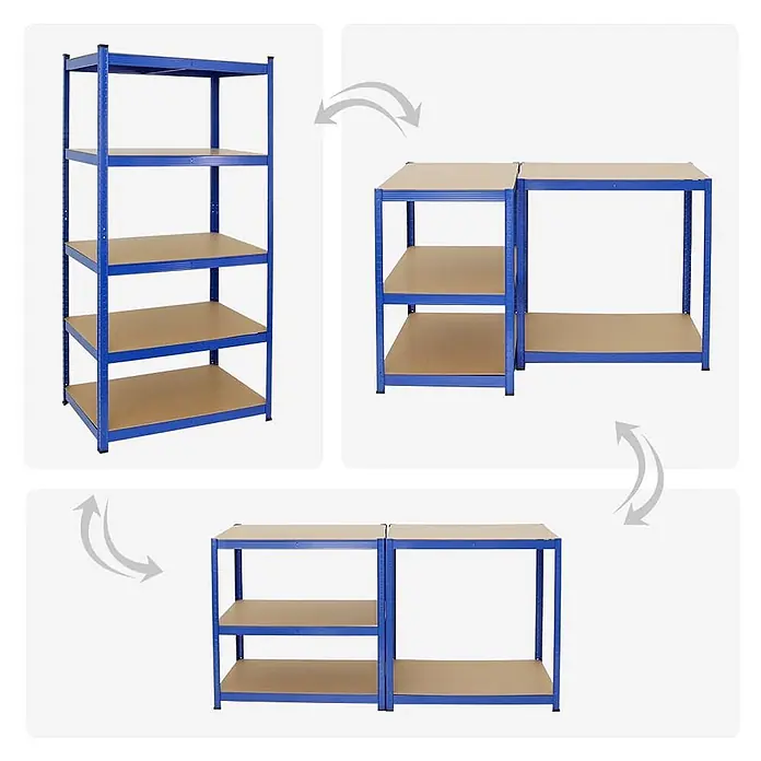 Mega Deal | 3x Schwerlastregal TAURUS | HxBxT 180x90x60cm | Fachlast 175kg | Blau -  - Blaues Metallregal mit braunen Ablagen, das von einem hohen 5-Boden-Regal zu zwei kürzeren, nebeneinander stehenden Einheiten umgebaut werden kann.