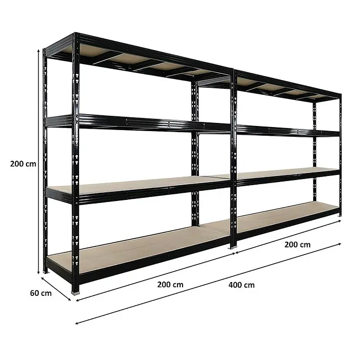 Mega Deal | 2x Profi Schwerlastregal Rhino | HxBxT 200x200x60cm | 4 Spanplatten-Ebenen 16mm | Fachlast 500kg | Schwarz -  - Schwerlast-Metallregal in Schwarz mit 4 Holzböden, 400x200x60 cm.