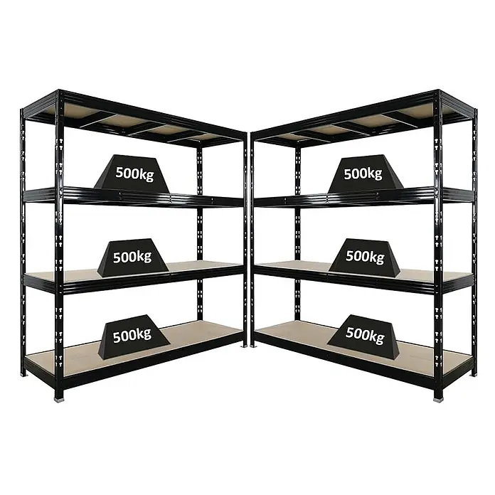 Mega Deal | 2x Profi Schwerlastregal Rhino | HxBxT 200x200x60cm | 4 Spanplatten-Ebenen 16mm | Fachlast 500kg | Schwarz -  - Zwei schwarze Schwerlast-Metallregale mit Holzablagen, jede Ablage zeigt 500kg Tragkraft.