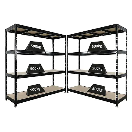 Mega Deal | 2x Profi Schwerlastregal Rhino | HxBxT 200x200x60cm | 4 Spanplatten-Ebenen 16mm | Fachlast 500kg | Schwarz
