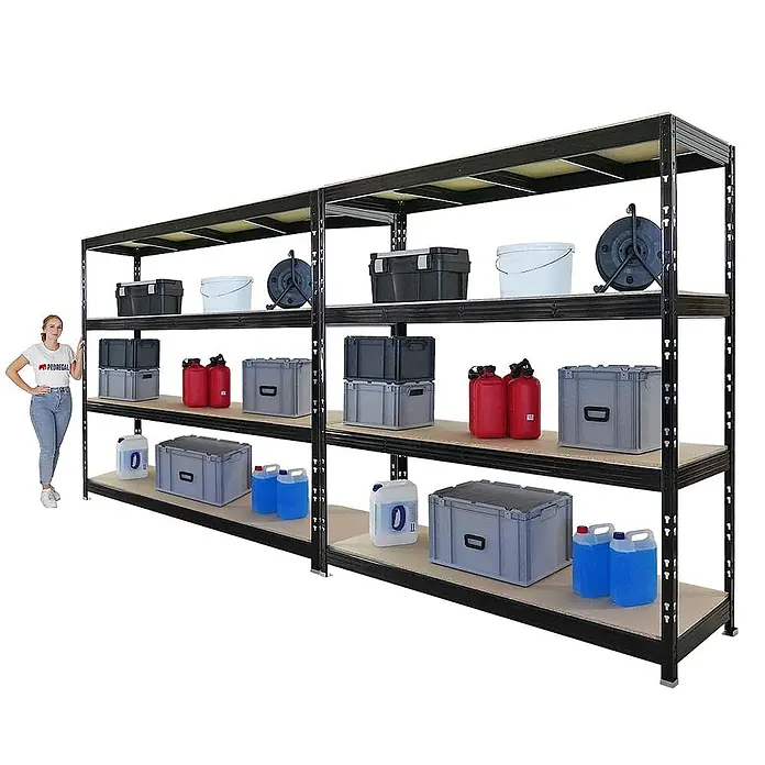 Mega Deal | 2x Profi Schwerlastregal Rhino | HxBxT 200x200x60cm | 4 Spanplatten-Ebenen 16mm | Fachlast 500kg | Schwarz -  - Zwei lange schwarze Schwerlastregale mit Holzböden, gefüllt mit Lagerboxen und Behältern, mit Person zum Größenvergleich.