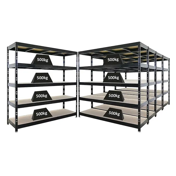 Mega Deal | 5x Profi Schwerlastregal Rhino | HxBxT 200x200x60cm | 5 Spanplatten-Ebenen 8mm | Fachlast 500kg | Schwarz -  - Schwarze Schwerlast-Metallregale mit beigen Böden, jeder Boden zeigt eine Tragfähigkeit von 500 kg.
