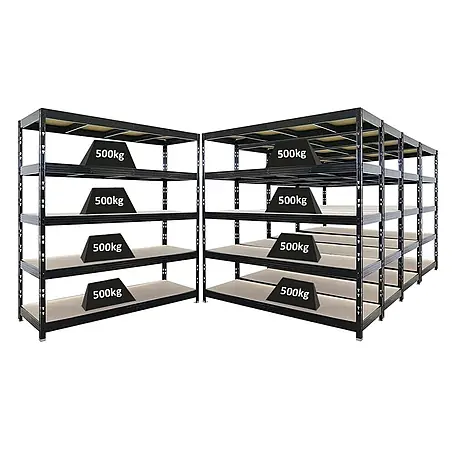 Mega Deal | 5x Profi Schwerlastregal Rhino | HxBxT 200x200x60cm | 5 Spanplatten-Ebenen 8mm | Fachlast 500kg | Schwarz