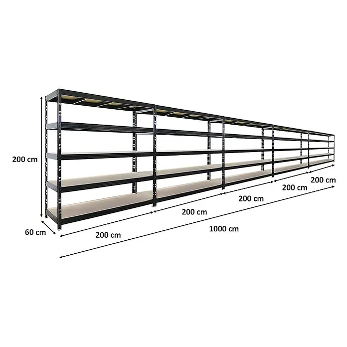 Mega Deal | 5x Profi Schwerlastregal Rhino | HxBxT 200x200x60cm | 5 Spanplatten-Ebenen 8mm | Fachlast 500kg | Schwarz -  - Langes, modulares schwarzes Metallregal mit hellen Einlegeböden, 200 cm hoch, 60 cm tief und 1000 cm lang für umfangreiche Lagerung.