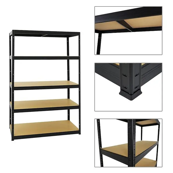 Mega Deal | 3x Schwerlastregal Big Elephant M & 1x Höhenverstellbare Werkbank Big DINO| Fachlast bis zu 600kg | Schwarz -  - Fünfstöckiges schwarzes Metallregal mit Holzbrettern, robust gebaut mit verstellbaren Böden.