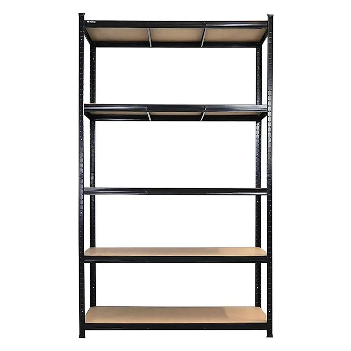 Mega Deal | 2x Schwerlastregal Giant Ragnar | HxBxT 200x120x50cm | 5 MDF-Platten-Ebenen | Fachlast 175kg | Schwarz -  - Schwarzes Metallregal mit fünf Naturholz-Ablagen für Schwerlastlagerung.