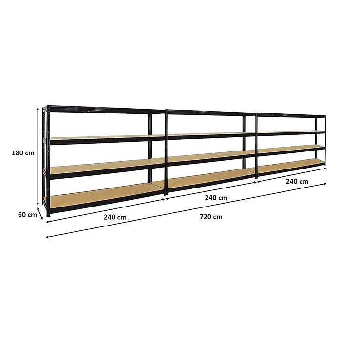 Mega Deal | 3x Schwerlastregal DINO | HxBxT 180x240x60cm | 4 MDF-Platten-Ebenen 6,5 mm | Fachlast 450kg | Schwarz -  - Drei verbundene schwarze Metallregale mit hellbraunen Böden, 180 cm hoch, 60 cm tief, gesamt 720 cm breit, für schwere Lagerung.