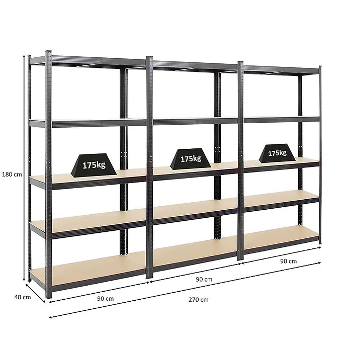 Set Deal 3x Schwerlastregal Ragnar 180x90x40cm 5 MDF-Ebenen 175kg Schwarz -  - Schwarzes Metallregal mit Holzböden, 3 Fächer. Gesamt 180x270x40 cm (HxBxT), 175 kg Traglast pro Boden.