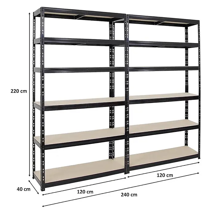 Mega Deal | 2x Schwerlastregal Giant Tiger XL | HxBxT 220x120x40cm | Fachlast 265kg | 6-Ebenen | Schwarz | Garagenregal, Lagerregal, Steckregal, Kellerregal, Werkstattregal -  - Zwei schwarze Metallregale mit hellen Holzablagen, gesamt 240x40x220 cm zur Lagerung.