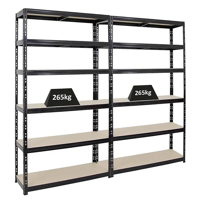 Mega Deal | 2x Schwerlastregal Giant Tiger XL | HxBxT 220x120x40cm | Fachlast 265kg | 6-Ebenen | Schwarz | Garagenregal, Lagerregal, Steckregal, Kellerregal, Werkstattregal -  - Zwei schwarze Schwerlast-Metallregale mit hellen Böden, jede Ablage für 265kg Traglast.