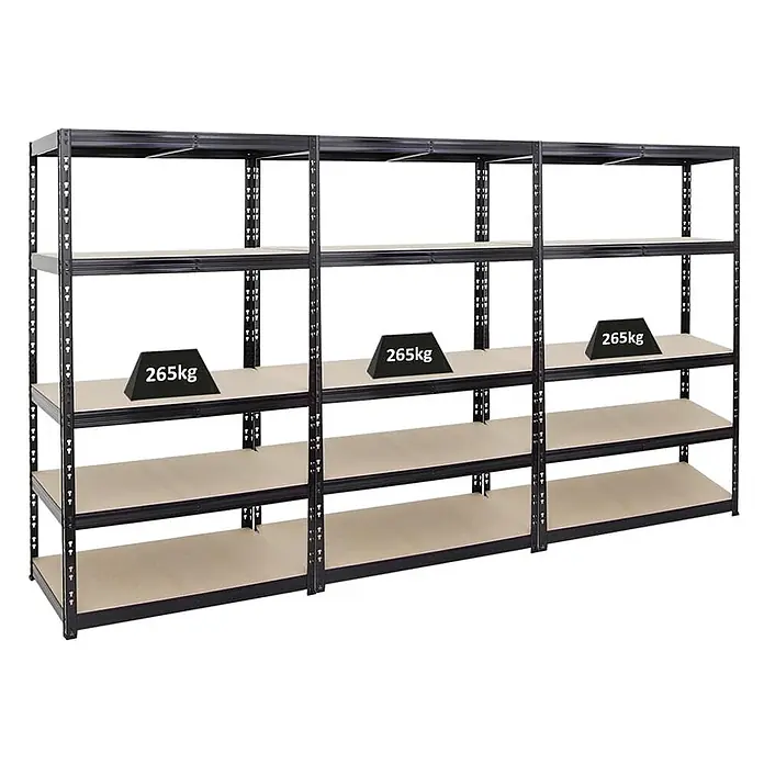 Mega Deal | 3x Schwerlastregal Tiger | HxBxT 180x100x60cm | Fachlast 265kg | Schwarz | Garagenregal, Lagerregal, Steckregal, Kellerregal, Werkstattregal -  - Schwarzmetall-Regalsystem mit hellen Böden, demonstriert 265kg Tragfähigkeit pro Boden.