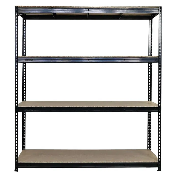 Profi Schwerlastregal BISON 200x180x60cm 4 Spanplatten 15mm 600kg Schwarz -  - Schwarzes Metallregal mit vier Fachböden aus Holzspanplatten.