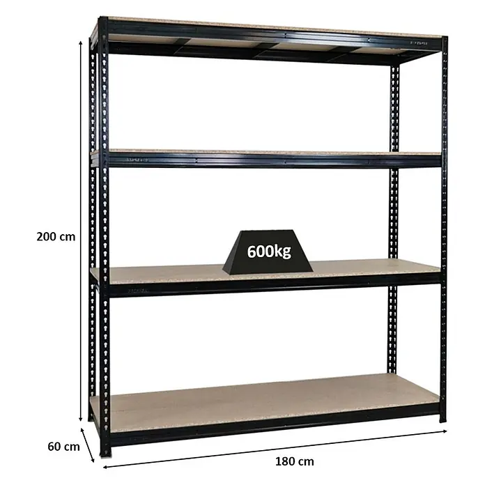 Profi Schwerlastregal BISON | HxBxT 200x180x60cm | 4 Spanplatten-Ebenen 15mm | Fachlast 600kg | Schwarz -  - Schwerlastregal aus schwarzem Metall mit hellen Holzplatten, 200x180x60 cm, 600kg Traglast.