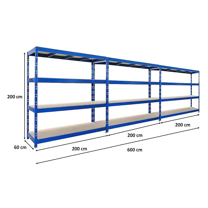 Mega Deal | 3x Profi Schwerlastregal Rhino | HxBxT 200x200x60cm | 4 Spanplatten-Ebenen 16mm | Fachlast 500kg | Blau -  - Blaues Metall-Schwerlastregal mit Holzablagen, 200 cm hoch, 60 cm tief, 600 cm lang.