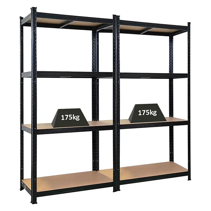 2X Schwerlastregal Gorilla 160x80x40cm 175kg Schwarz Garagenregal -  - Zwei schwarze Metallregale mit je fünf Holzablagen, die eine Tragfähigkeit von 175 kg pro Ablage zeigen.