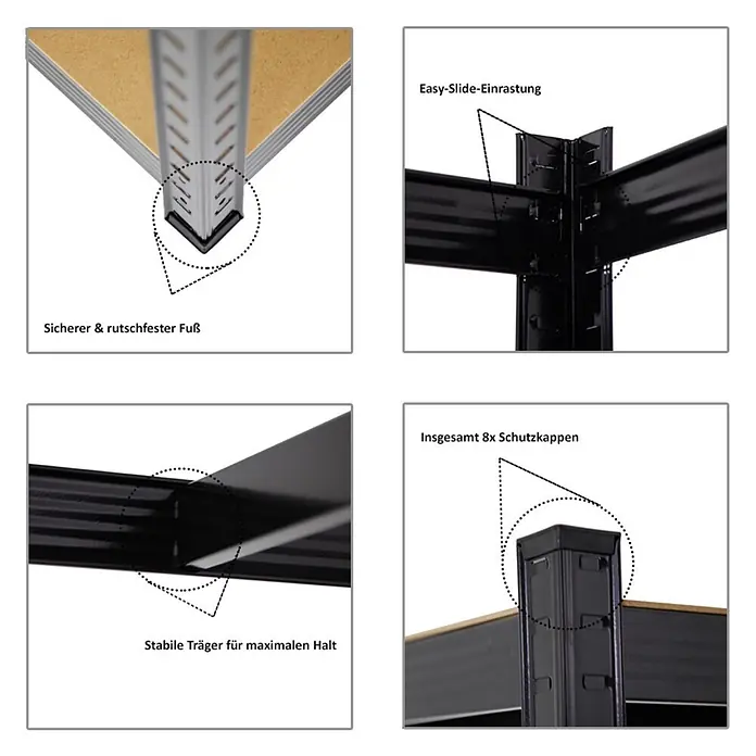 2X Schwerlastregal Gorilla 160x80x40cm 175kg Schwarz Garagenregal -  - Detailansichten eines Metallregals mit schwarzen Schutzkappen, rutschfestem Fuß, Easy-Slide-Einrastung und stabilen schwarzen Trägern.
