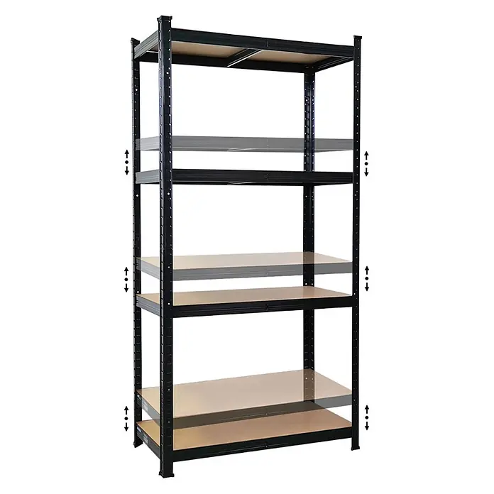 2X Schwerlastregal Gorilla 160x80x40cm 175kg Schwarz Garagenregal -  - Schwarzes Metallregal mit fünf hellbraunen, höhenverstellbaren Holzablagen.