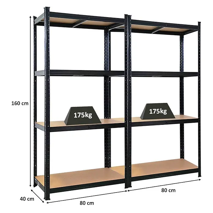 2X Schwerlastregal Gorilla 160x80x40cm 175kg Schwarz Garagenregal -  - Zwei schwarze Metallregale mit 4 Holzablagen. Jede Ablage trägt 175kg, ideal für hohe Belastungen.