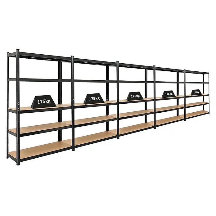 Mega Deal | 5x Schwerlastregal Ragnar | HxBxT 180x120x40cm | 5 MDF-Platten-Ebenen | Fachlast 175kg | Schwarz -  - Langes schwarzes Metallregal mit hellbraunen Holzregalböden, 175 kg Traglast pro Boden.