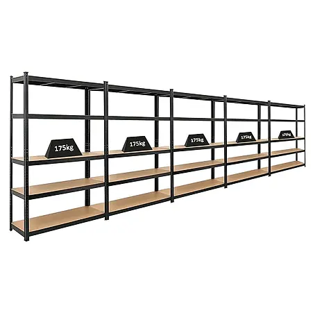 Mega Deal | 5x Schwerlastregal Ragnar | HxBxT 180x120x40cm | 5 MDF-Platten-Ebenen | Fachlast 175kg | Schwarz