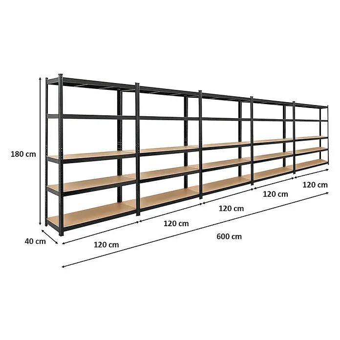 Mega Deal | 5x Schwerlastregal Ragnar | HxBxT 180x120x40cm | 5 MDF-Platten-Ebenen | Fachlast 175kg | Schwarz -  - Langes, modulares Metallregal mit mehreren Holzablagen. Ideal zur Lagerung in Garage oder Lagerhalle.