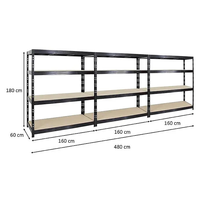 Mega Deal | 3x Profi Schwerlastregal Rhino | HxBxT 180x160x60cm | 4 Spanplatten-Ebenen 8mm | Fachlast 500kg | Schwarz -  - Schwarzes Schwerlastregal aus Metall mit hellbraunen Böden, 180x480x60 cm. Ideal für Lagerung.