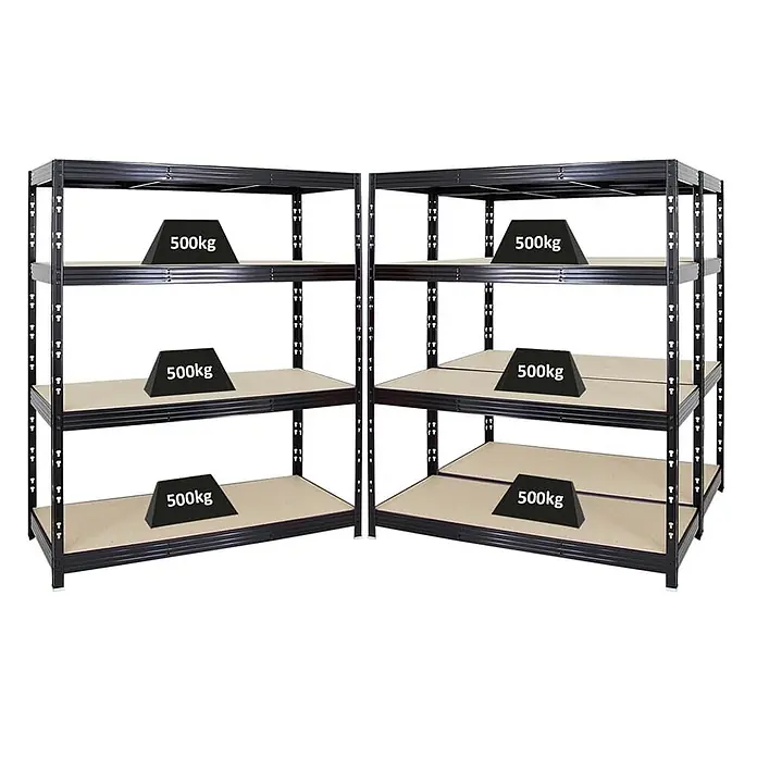 Mega Deal | 3x Profi Schwerlastregal Rhino | HxBxT 180x160x60cm | 4 Spanplatten-Ebenen 8mm | Fachlast 500kg | Schwarz -  - Zwei robuste schwarze Metallregale mit hellen Böden, jedes Regal zeigt eine Tragfähigkeit von 500 kg.
