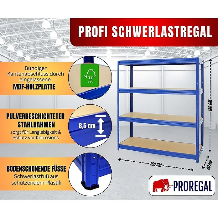 Schwerlastregal DINO | HxBxT 180x160x60cm | 4 MDF-Platten-Ebenen 6,5 mm | Fachlast 600kg | Blau -  - Blaues pulverbeschichtetes Schwerlastregal aus Stahl mit vier MDF-Holzböden und Schutzfüßen. Maße: 180x160x60 cm.