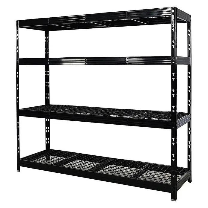 Mega Deal | 2x Profi Schwerlastregal Rhino | HxBxT 180x200x60cm | 4 Gitterrost-Ebenen | Fachlast 500kg | Schwarz -  - Schwarzes Metallregal mit vier Drahtgitterböden für schwere Lagerung.