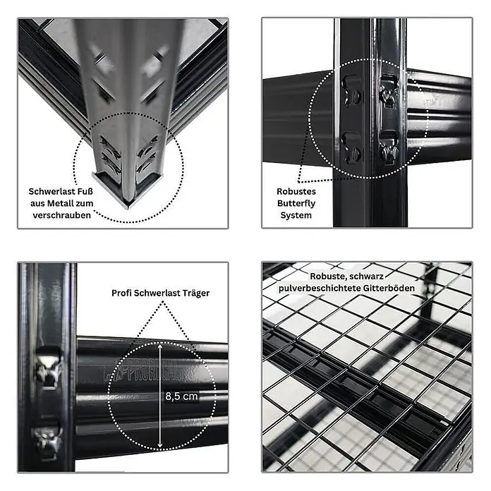 Set Deal 2x Profi Schwerlastregal Rhino 180x200x60cm 4 Böden 500kg Schwarz -  - Schwarzes Schwerlastregal mit robusten Metallfüßen, Butterfly-System, 8,5 cm Trägern und pulverbeschichteten Gitterböden.