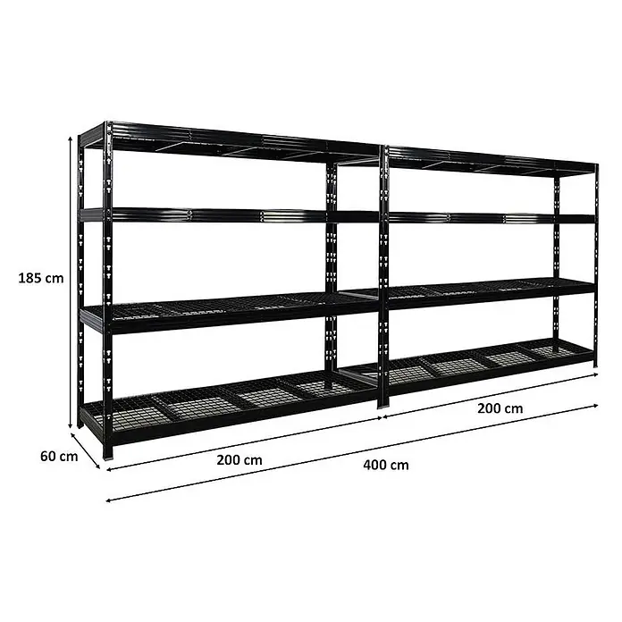 Mega Deal | 2x Profi Schwerlastregal Rhino | HxBxT 180x200x60cm | 4 Gitterrost-Ebenen | Fachlast 500kg | Schwarz -  - Große schwarze Metallregaleinheit, 400 cm breit, 185 cm hoch, 60 cm tief, für schwere Lasten.