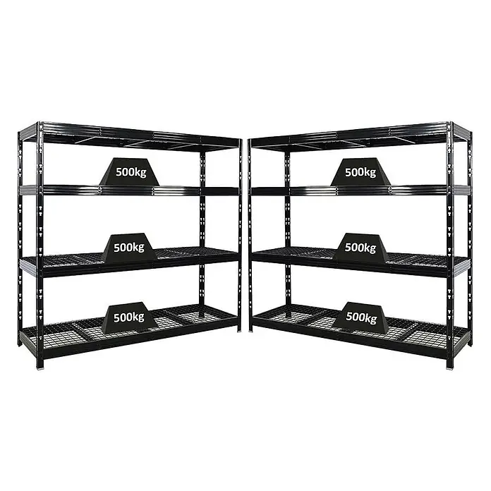 Mega Deal | 2x Profi Schwerlastregal Rhino | HxBxT 180x200x60cm | 4 Gitterrost-Ebenen | Fachlast 500kg | Schwarz -  - Zwei schwarze Schwerlast-Metallregaleinheiten, jede Ablage zeigt eine Traglast von 500kg.