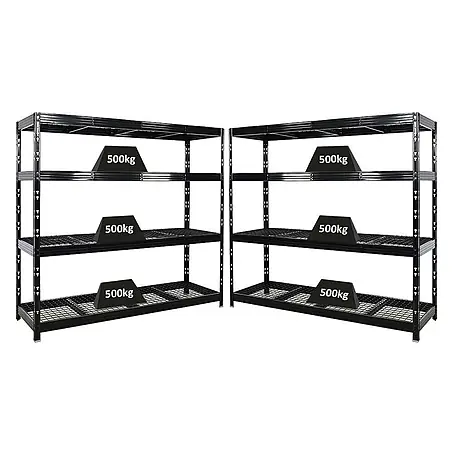 Mega Deal | 2x Profi Schwerlastregal Rhino | HxBxT 180x200x60cm | 4 Gitterrost-Ebenen | Fachlast 500kg | Schwarz