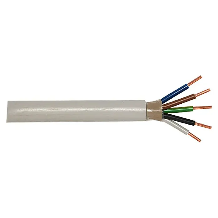 Mantelleitung Meterware NYM-J 5x2,5 mm² - Anzahl Adern: 5, 2,5 mm², Grau - Ein freiliegendes elektrisches Kabel mit mehreren farbigen Einzeladern, die aus der grauen Ummantelung herausragen, für Installationen.