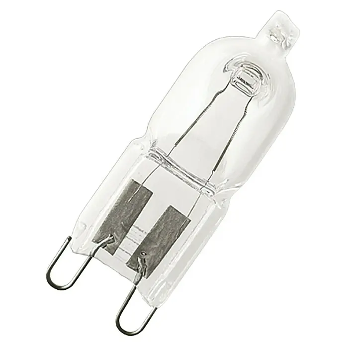 Osram Halogenstiftsockel Halopin ECO Superstar - 20 W, G9, 2 Stk., Warmweiß - Eine Nahaufnahme einer G4 Halogenlampe, die für ihre kompakte Größe und hohe Helligkeit bekannt ist, ideal für Akzentbeleuchtung.