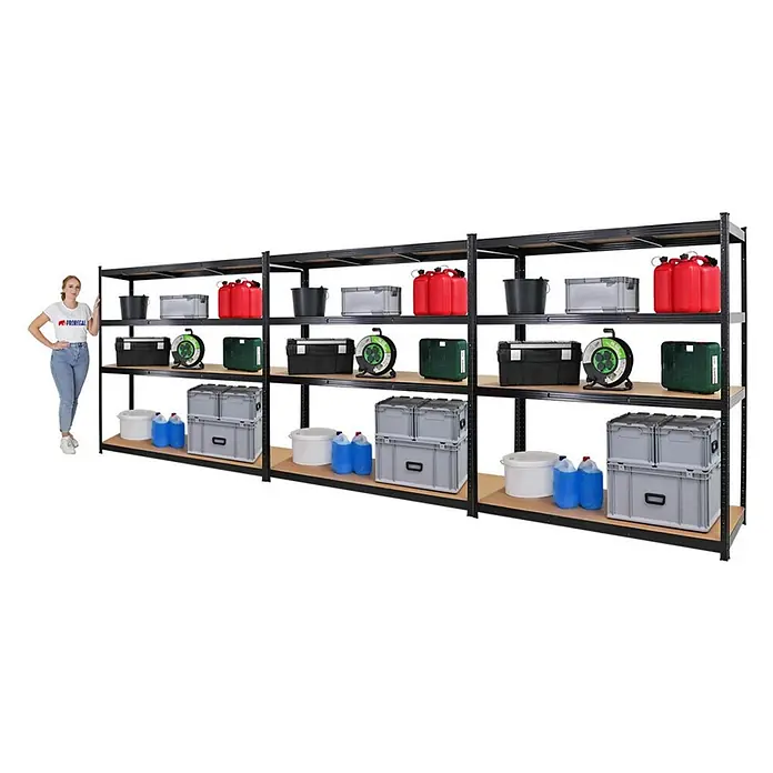 Mega Deal | 3x Schwerlastregal TAURUS XL mit TÜV/GS Zertifizierung | HxBxT 180x160x60cm | Fachlast 250kg | Schwarz -  - Großes schwarzes Metall- und Holzregal zur Aufbewahrung, mit Person zur Größenansicht.