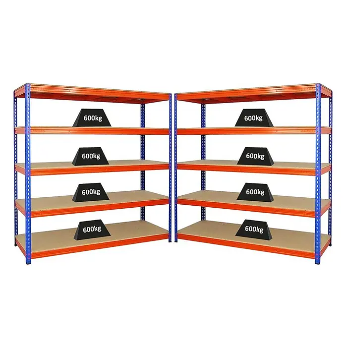 Mega Deal | 2x Profi Schwerlastregal BISON | HxBxT 200x200x60cm | 5 Fachböden | Fachlast 600kg | Blau-Orange -  - Zwei orange-blaue Schwerlastregale mit je fünf Holzböden, jeder mit 600kg Belastung.