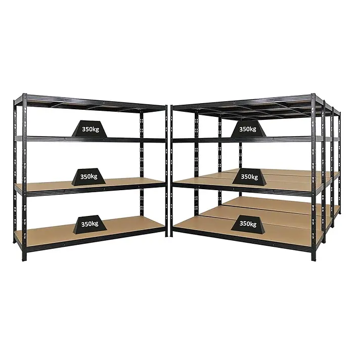 Mega Deal | 4x Profi Schwerlastregal GOLIATH | HxBxT 180x200x60cm | Fachlast 350kg | Schwarz -  - Zwei schwarze Schwerlastregale aus Metall mit braunen Holzablagen, jede Ablage trägt 350kg.