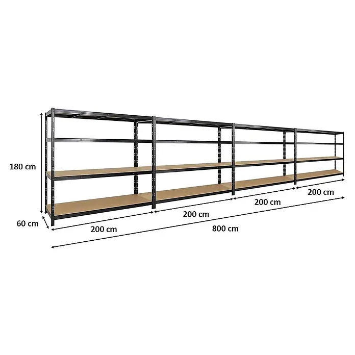 Mega Deal | 4x Profi Schwerlastregal GOLIATH | HxBxT 180x200x60cm | Fachlast 350kg | Schwarz -  - Modulares schwarzes Metallregal mit braunen Böden, 180 cm hoch, 60 cm tief, 800 cm lang.